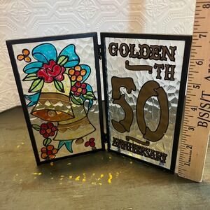 Vintage Golden 50th Anniversary Stained Glass Style Folding Screen Made in Japan